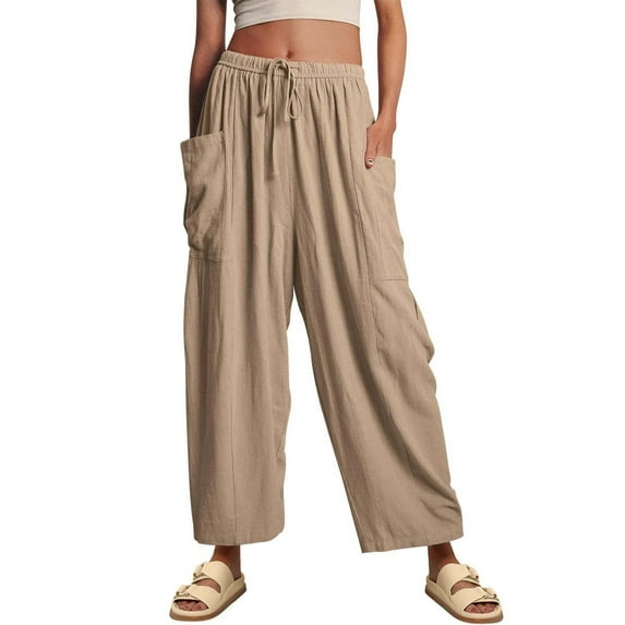 Beugl Linen Pants Women, 2024 Womens Casual Wide Leg Linen Pants Loose Lightweigt Beach Palazzo Pants, Wide Leg Pants Woman, Capri Pants for Women Khaki XXXL