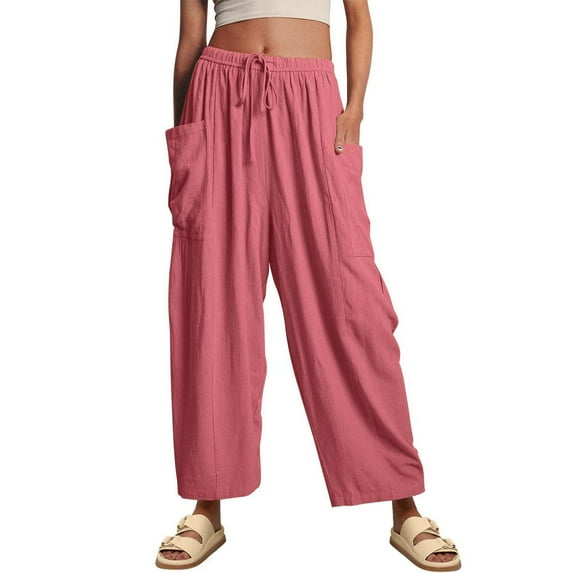 Beugl Linen Pants Women, 2024 Womens Casual Wide Leg Linen Pants Loose Lightweigt Beach Palazzo Pants, Wide Leg Pants Woman, Capri Pants for Women Red S