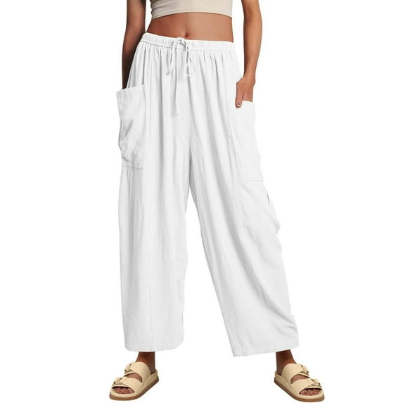 Beugl Linen Pants Women, 2024 Womens Casual Wide Leg Linen Pants Loose Lightweigt Beach Palazzo Pants, Wide Leg Pants Woman, Capri Pants for Women White XL