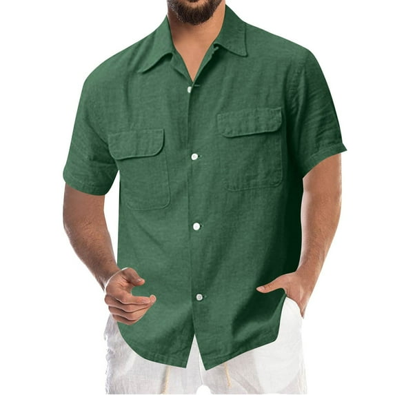 Beugl Mens Shirts Clearance, Men Fashion Casual Solid Color Shirt with Pocket Single Breasted Shirt Cotton Short Sleeve Shirt Golf Shirts for Men, Polo Shirts for Men Green M