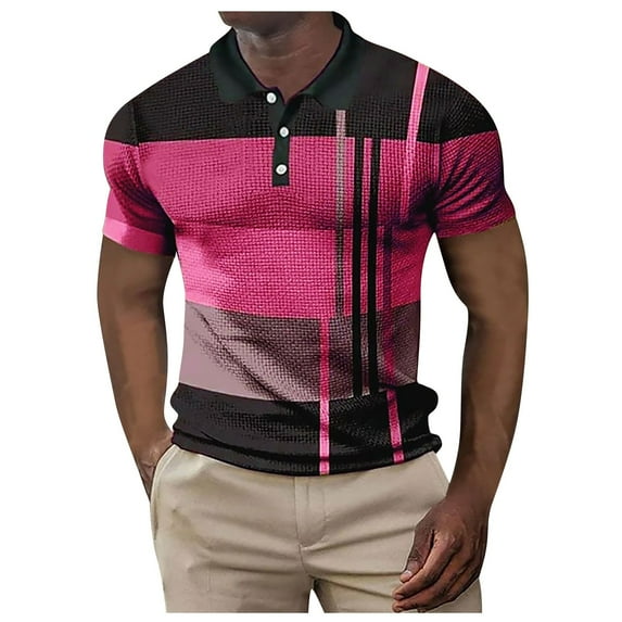Beugl Mens Shirts Clearance, Men Spring and Summer Button Down Short Sleeve Top Plaid Lapel Color Blocking Stripe Print T Shirt Golf Shirts for Men, Polo Shirts for Men Hot Pink S