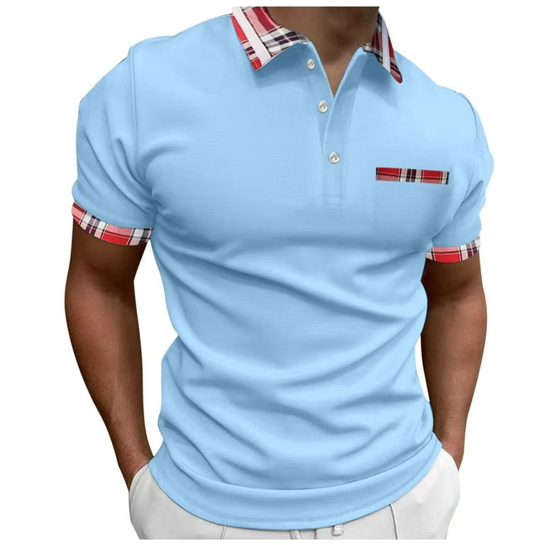 Beugl Mens Shirts Clearance Men Spring Summer Short Sleeve Button Down Shirts Plaid Lapel Print T Shirt Golf Shirts for Men Polo Shirts for Men Light Blue L Walmart