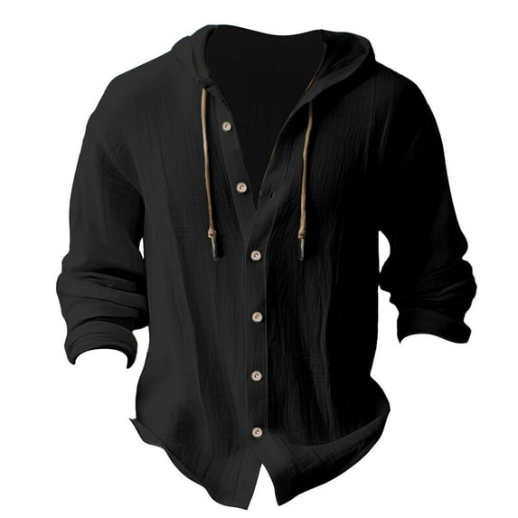 Beugl Mens Shirts Clearance, Men's Button Up Long Sleeve Solid Cotton and Linen Hooded Shirt Golf Shirts for Men, Polo Shirts for Men Black M