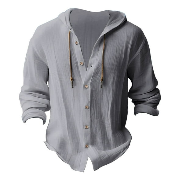 Beugl Mens Shirts Clearance, Men's Button Up Long Sleeve Solid Cotton and Linen Hooded Shirt Golf Shirts for Men, Polo Shirts for Men Grey M