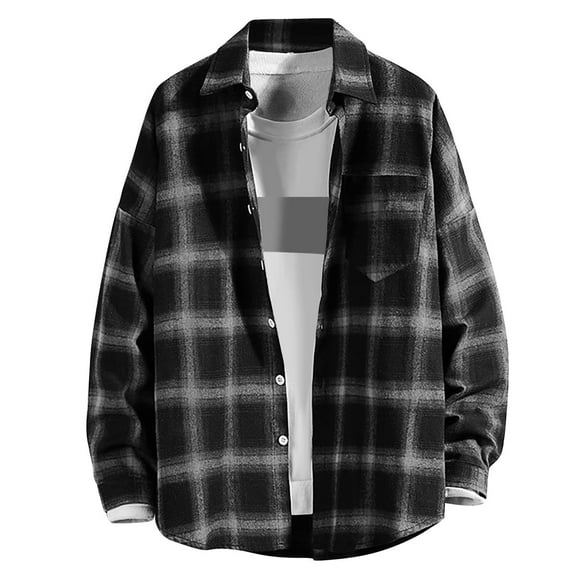 Beugl Mens Shirts Clearance, Men's Casual and Fashionable Loose and Trendy Pocket Plaid Lapel Long Sleeve Shirt Button Down Shirt for Men, Flannel Shirt for Men Black M