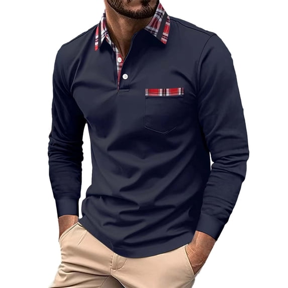 Beugl Mens Shirts Clearance, Men's Fashion Spring and Autumn Casual Long Sleeve Button Solid Color Long Sleeve T Shirt Top Golf Shirts for Men, Polo Shirts for Men Navy XXL