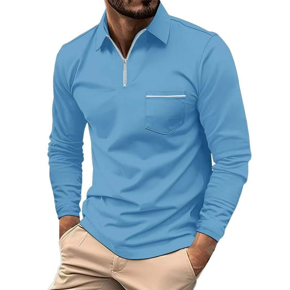 Beugl Mens Shirts Clearance, Men's Fashion Spring and Autumn Casual Long Sleeve Zipper Solid Color Long Sleeve T Shirt Top Golf Shirts for Men, Polo Shirts for Men Sky Blue M