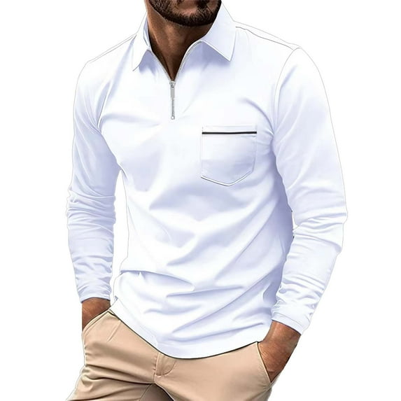 Beugl Mens Shirts Clearance, Men's Fashion Spring and Autumn Casual Long Sleeve Zipper Solid Color Long Sleeve T Shirt Top Golf Shirts for Men, Polo Shirts for Men White XXXL
