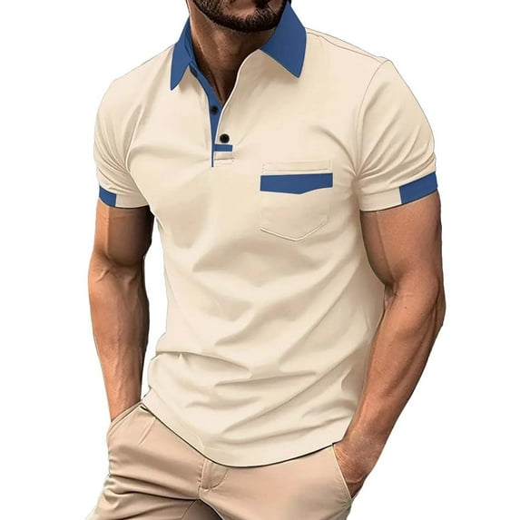 Beugl Mens Shirts Clearance, Men's Fashion Spring and Summer Buttons Casual Short Sleeve Lapel Neck Shirt Solid Color Tops Golf Shirts for Men, Polo Shirts for Men Khaki S