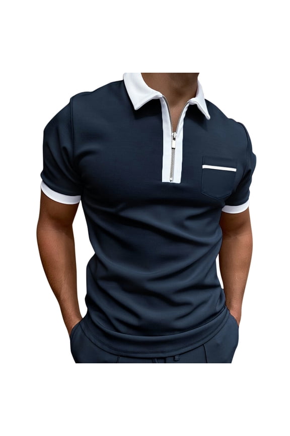 Mens Shirts, Men Summer Solid Print T Shirt Turn Down Collar Short Sleeve Tops T Shirt Golf Shirts for Men, Polo Shirts for Men Navy M