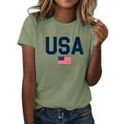 Beugl Summer Tops for Women 2024 Clearance, Women's Fashion Casual Independence Day Flag Printed Round Neck Short Sleeve Top T Shirt Graphic Tees for Women, T Shirts for Women Army Green L