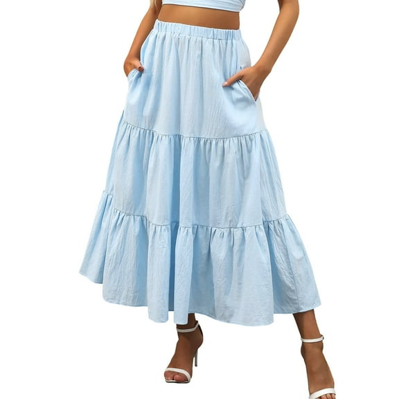 Beugl Tiered Maxi Skirt Cearance, Women's Summer Boho Elastic Waist Pleated A-Line Flowy Swing Tiered Long Beach Skirt with Pockets Maxi Skirts for Women, Skirts for Women Trendy Summer Blue XL