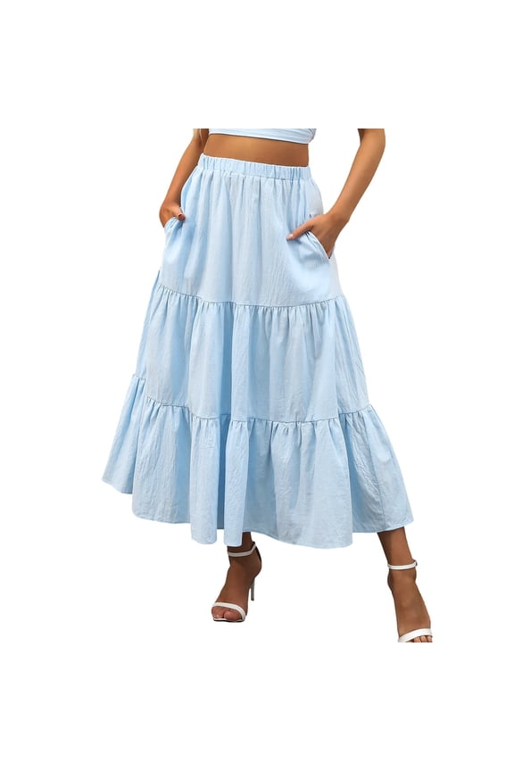 Tiered Maxi Skirt Cearance, Women's Summer Boho Elastic Waist Pleated A-Line Flowy Swing Tiered Long Beach Skirt with Pockets Maxi Skirts for Women, Skirts for Women Trendy Summer Blue XL