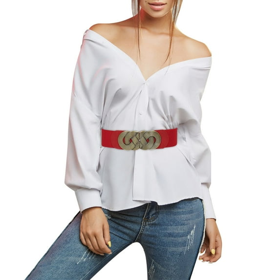 Beugl Womens Belts Clearance, Women's Fashion Vintage Wide Waist Belt Elastic Stretch Belts with Interlock Buckle Running Belt Belts for Women Red One Size