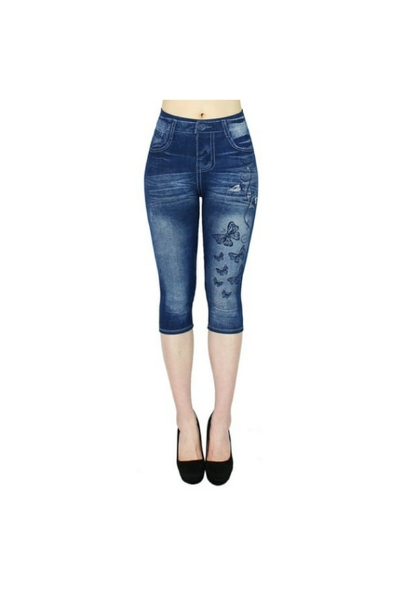 Womens Jeans Clearance, Women's Casual Butterfly Printed High Waist Jean Capris High Rise Jeans for women High Waisted Jeans for Women Blue L