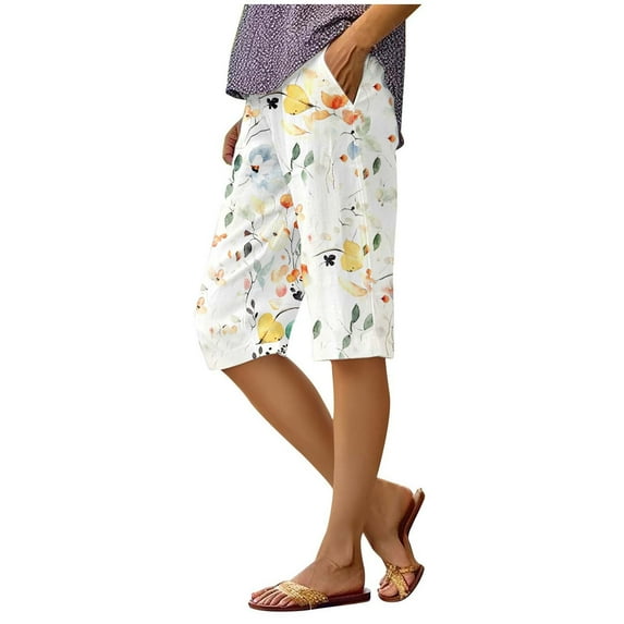 Beugl Womens Shorts Clearance, Linen Shorts for Women Summer Casual Elastic High Waisted Knee Length Shorts Loose Shorts with Pockets Workout Shorts Women Biker Shorts Women Beige XXXL