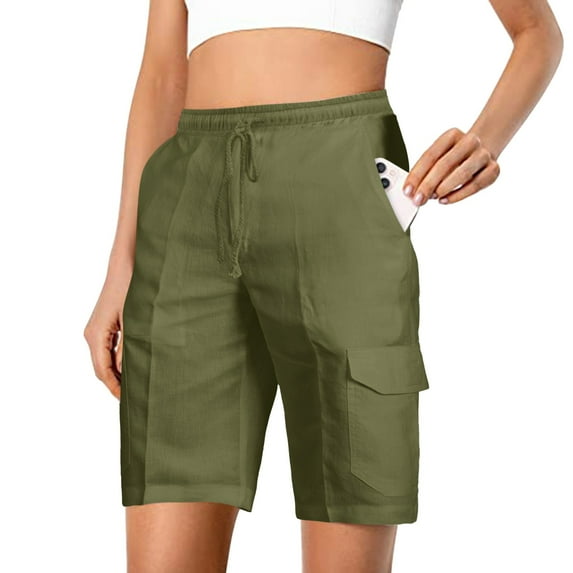 Beugl Womens Shorts Clearance, Womens Casual Solid Cargo Pants Shorts Elastic Waist Pockets Pleated Casual Pants Cargo Shorts Women, Shorts for Women Trendy Army Green M
