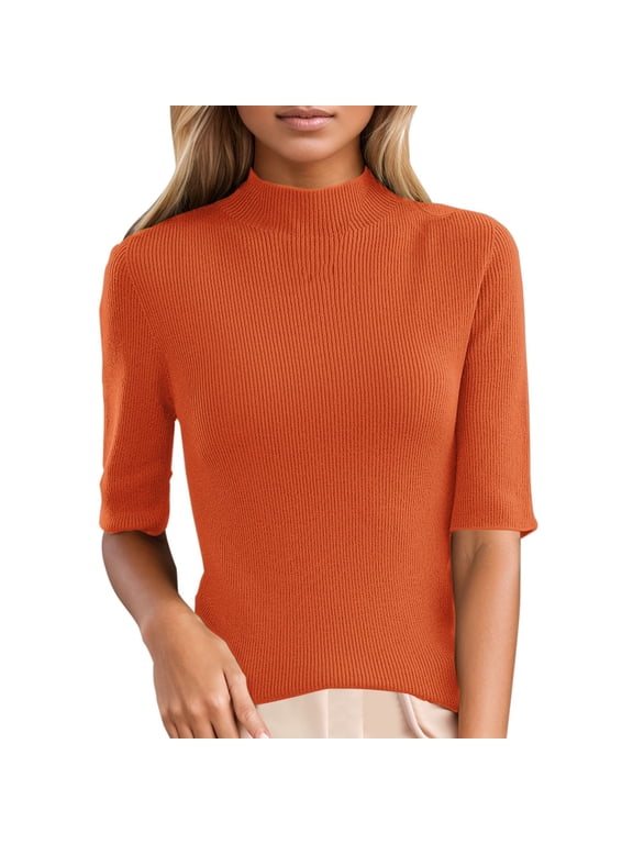 Womens Winter Tops Clearance, Women's Winter Sweater Slim Fit Mock Neck Short Mid Sleeve Base Sweater Top Going Out Tops Shirts for Women Orange S