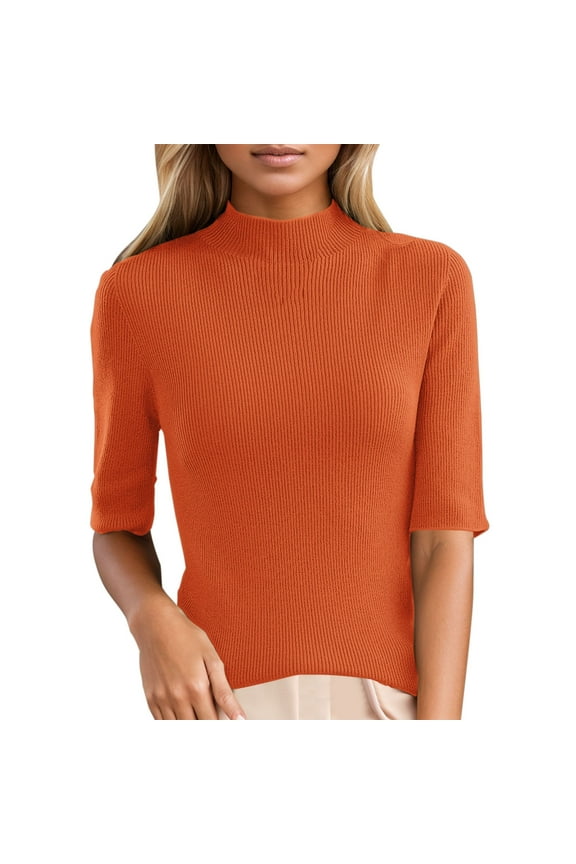 Womens Winter Tops Clearance, Women's Winter Sweater Slim Fit Mock Neck Short Mid Sleeve Base Sweater Top Going Out Tops Shirts for Women Orange XXL