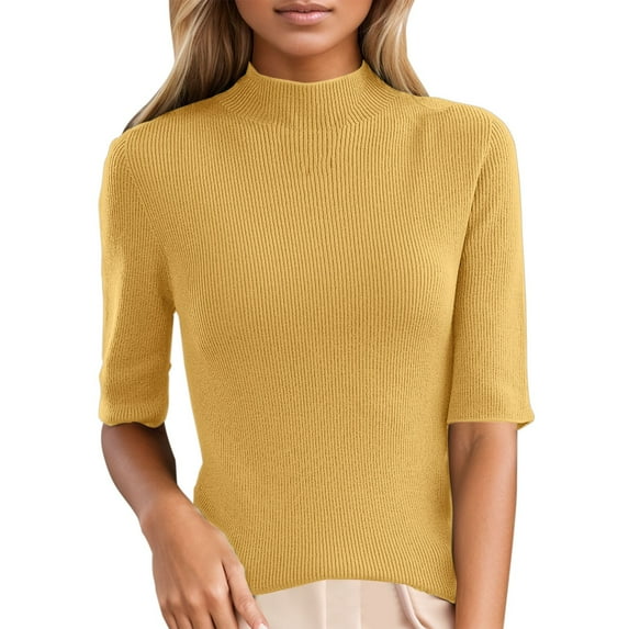 Beugl Womens Winter Tops Clearance, Women's Winter Sweater Slim Fit Mock Neck Short Mid Sleeve Base Sweater Top Going Out Tops Shirts for Women Yellow M