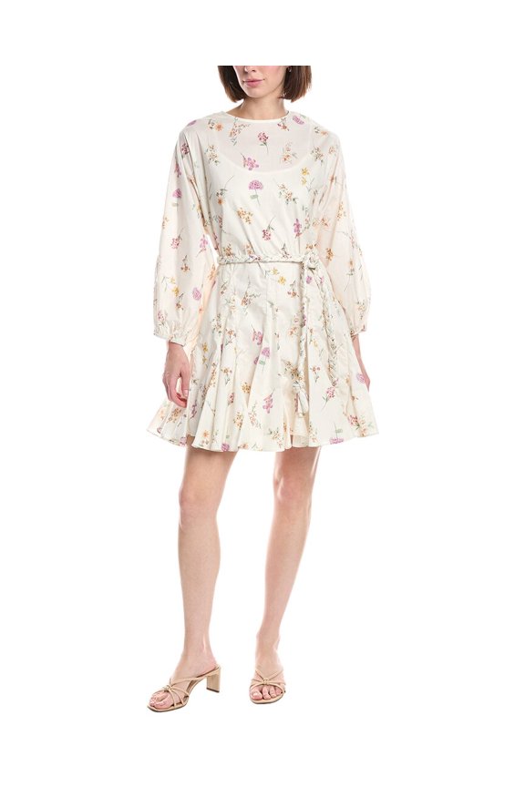 womens Floral Print Ruffled Mini Dress, s, Ivory