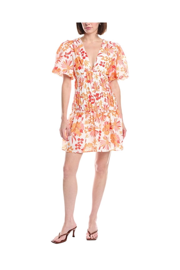 womens Floral Print V-Neck Puff Flounce Mini Dress, l, Orange