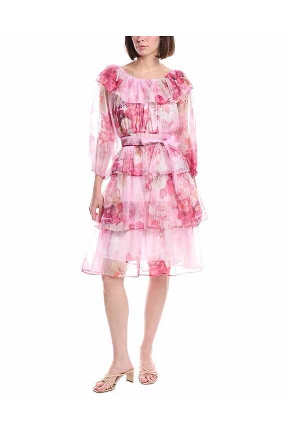 womens  Tiered Floral Print Belted Chiffon Midi Dress, s, Pink