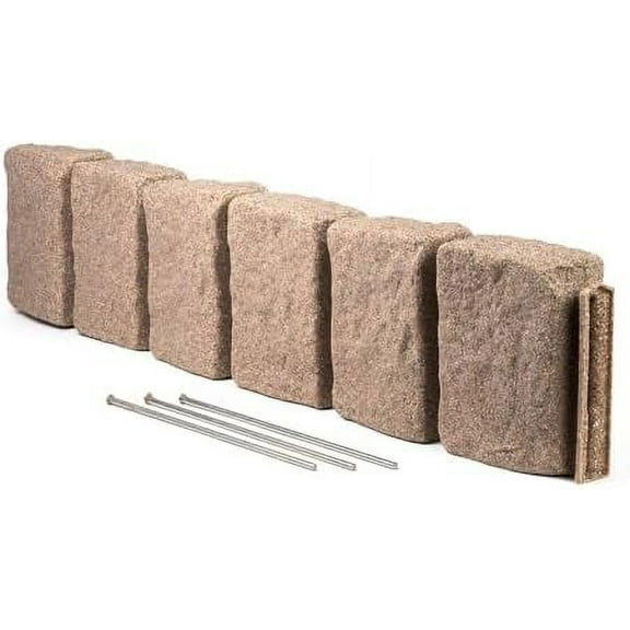 Beuta Landscape Edging | Garden Edging Border | Faux Stone Block XL for Lawn Edging, Flower Beds & Yard Edging – 1 Pack | Each Section Has 6 Blocks 48" L x 4" W x 9.5" H | 3 Spikes | Sandstone