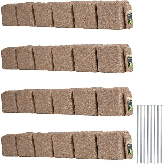 Beuta Landscape Edging | Garden Edging Border | Faux Stone Blocks for Lawn Edging, Flower Beds & Yard Edging – 4 Pack | Each Section Has 6 Blocks 48" L x 4" W x 6.5" H | 8 Spikes | Cobblestone