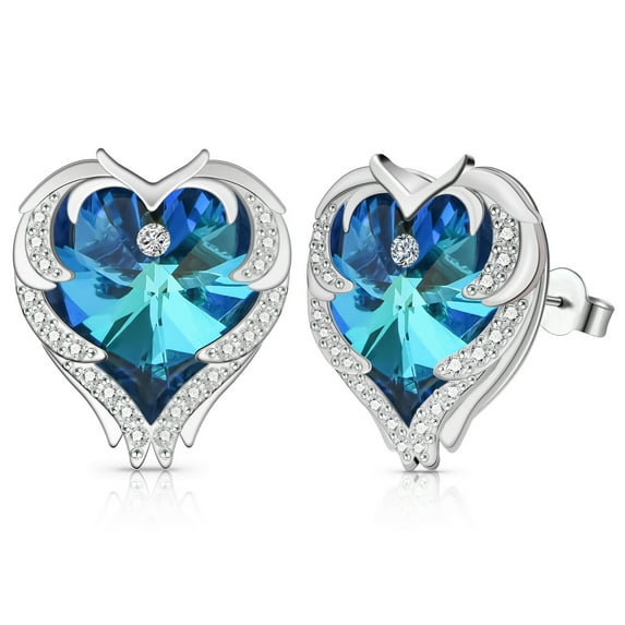 Beutirer Love Heart Stud Earrings for Women, 925 Sterling Silver Earrings with Heart Crystal, 18K White Gold Plated Angel Wings Earrings, Trendy Jewelry Gifts for Valentine's Day Mother's Day Birthday