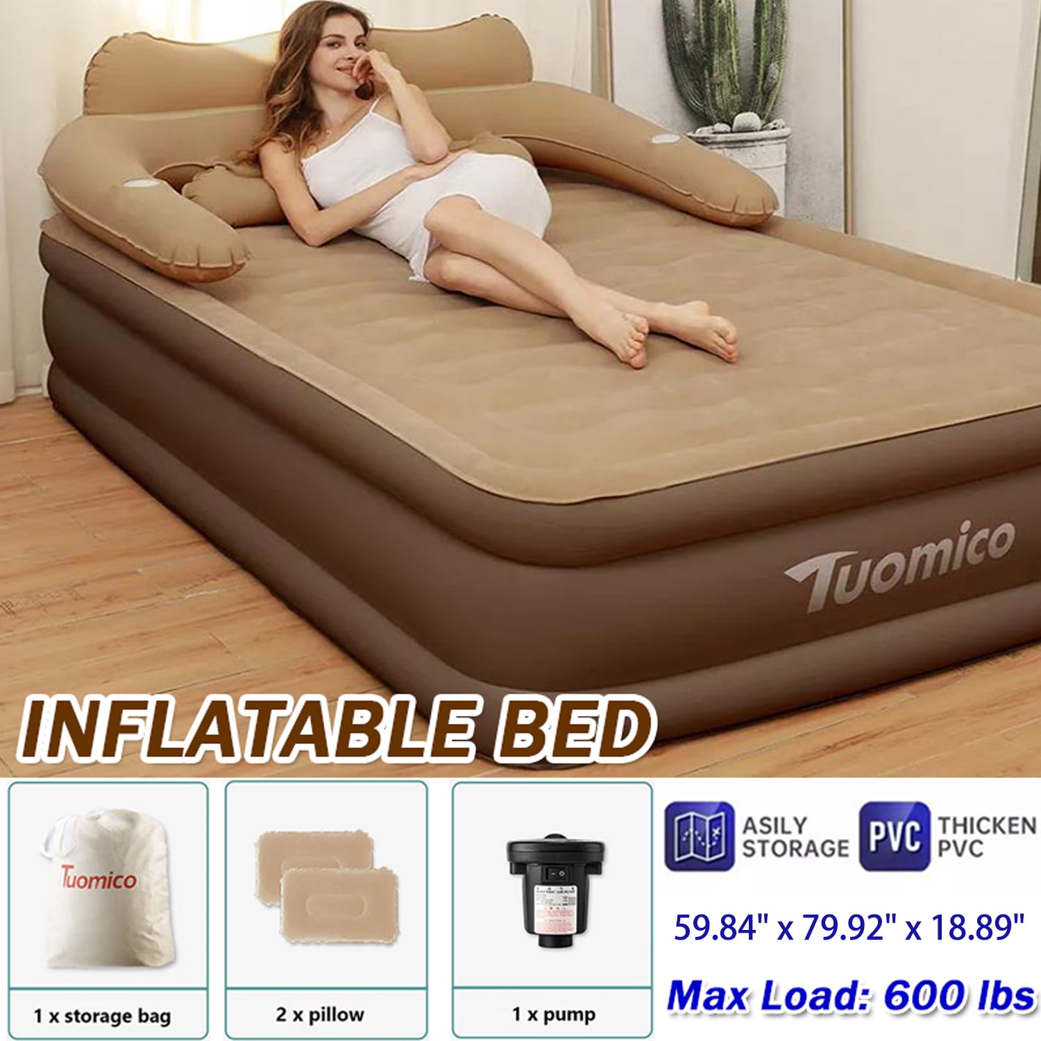 Beuway Air Mattress with Builtin Pump,for Camping & Guests, Blow up Mattress, Quick Self