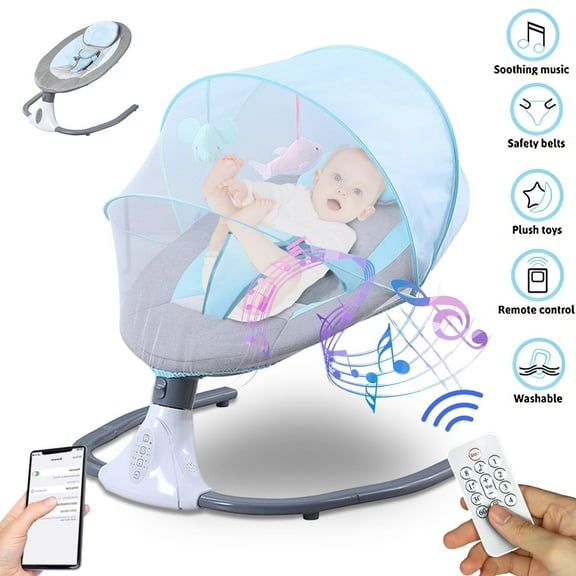 Beuway Electric Baby Swing for Infants - Bluetooth Music Speaker with 12 Lullabies,4 Speeds,Remote Control, Blue
