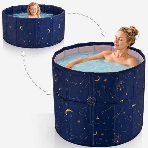 Bueway 31.49"x25.59" Portable Bathtub for Adults, Seniors, Kids & Pets, Inward Folding Edge for Easy Step-In, Portable Hot Ice Bath Tub,Soaking Spa (Blue)