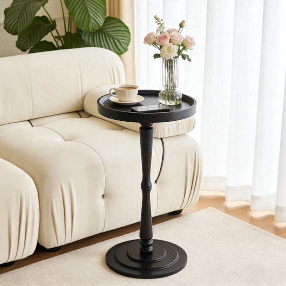 Beuway Small Round Side Table with Raised-Edge Tabletop,Modern Coffee End Table with Soild Wood Leg(Black)