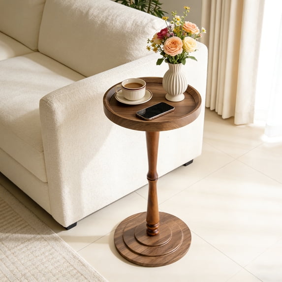 Beuway Small Round Side Table with Raised-Edge Tabletop,Modern Coffee End Table with Soild Wood Leg(Walnut)