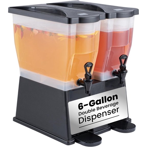 Bev Tek 6 Gallon Drink Dispenser 1 Dishwashable Double Beverage Dispenser - Detachable Tanks Includes Decals Black Plastic Carnival Juice Dispenser With Stand Push-Button Spigots