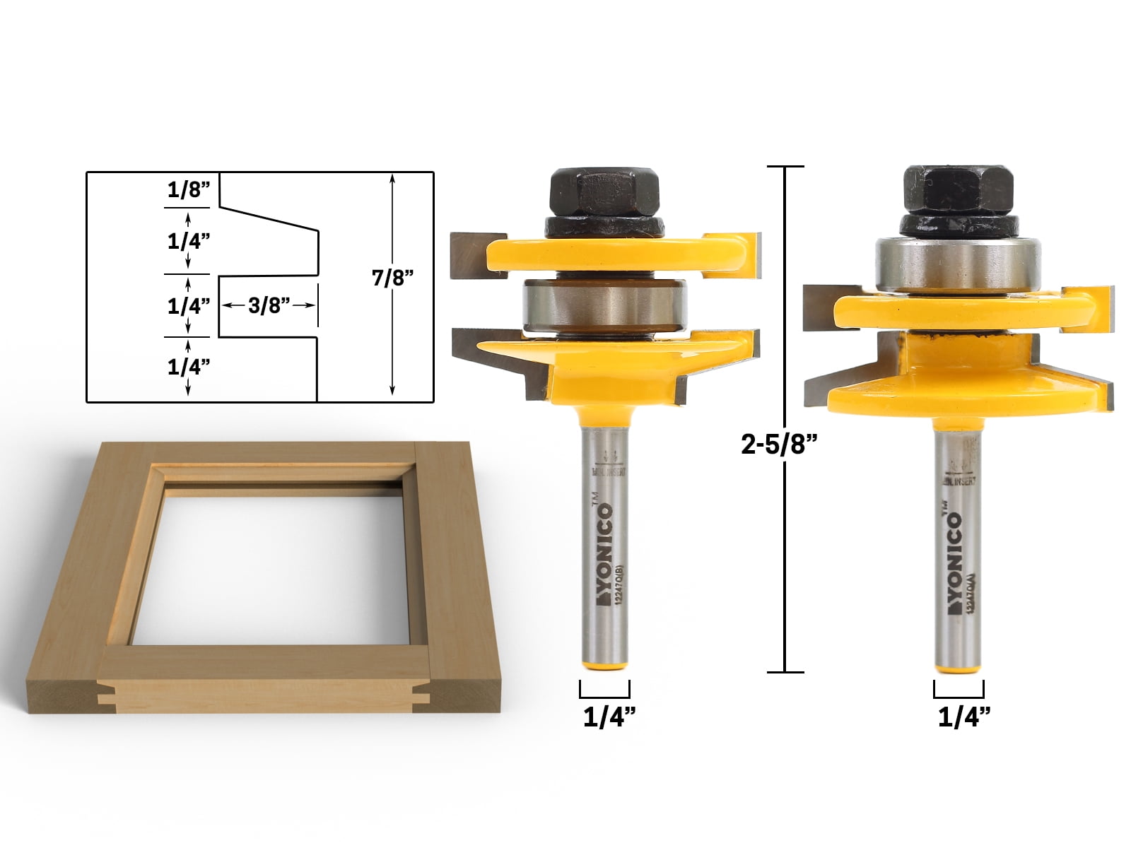 Bevel 2 Bit Rail and Stile Router Bit Set - 1/4" Shank - Yonico 12247q