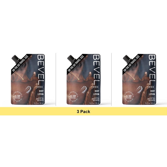 Bevel All Day Body Lotion for Men with Shea Butter and Argan Oil, On The Go Pouch, 3.4 Oz - 3 Pack