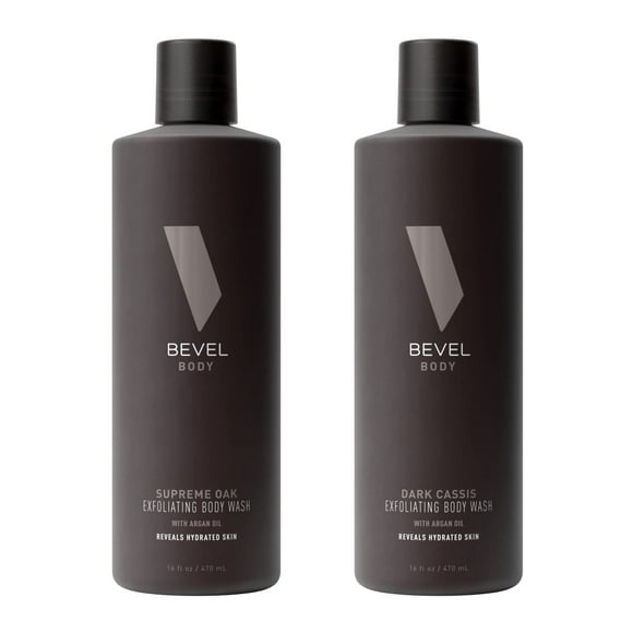 Bevel Exfoliating Body Wash Bundle for Men - Dark Cassis & Supreme Oak Scent Bundle with Charcoal and Argan Oil, 16 Oz