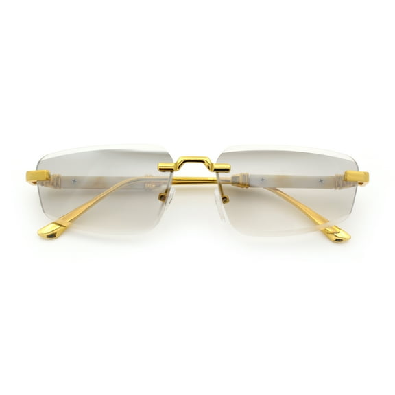 Bevel Lens Rimless Hustler Retro Gangster Rapper Rectangle Luxury Sunglasses Gold - Clear Mirror