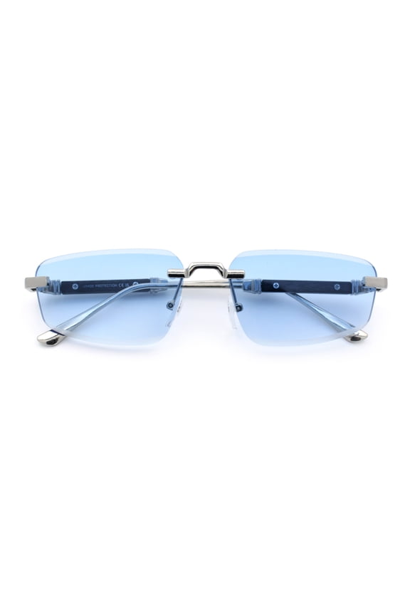 Bevel Lens Rimless Hustler Retro Gangster Rapper Rectangle Luxury Sunglasses Silver - Blue