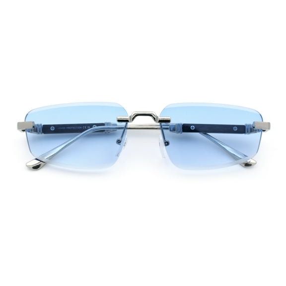 Bevel Lens Rimless Hustler Retro Gangster Rapper Rectangle Luxury Sunglasses Silver - Blue