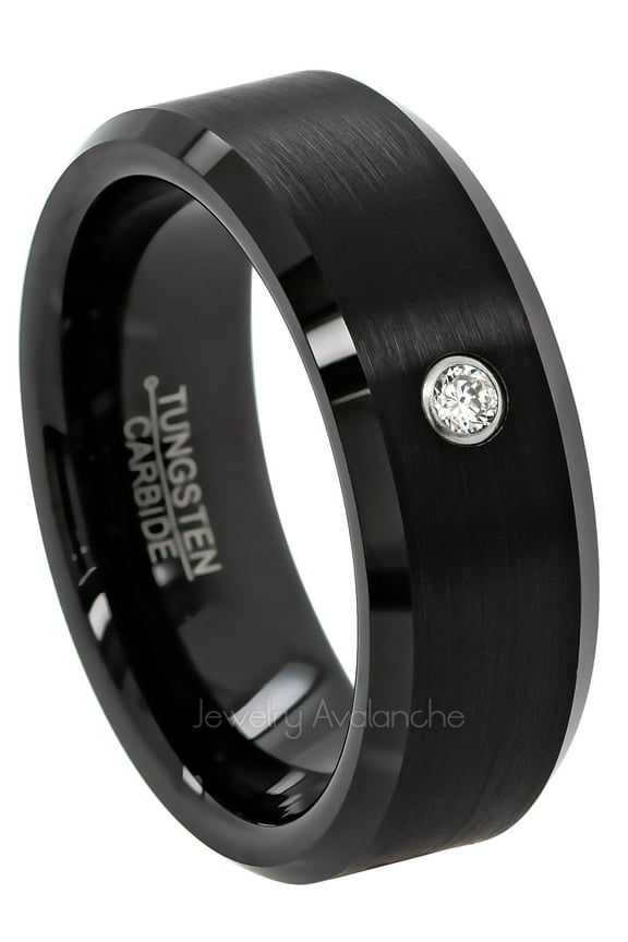Beveled Black Tungsten Carbide Wedding Band with 0.07ctw Diamond - Brushed Comfort Fit Tungsten Anniversary Ring -#223WDs8