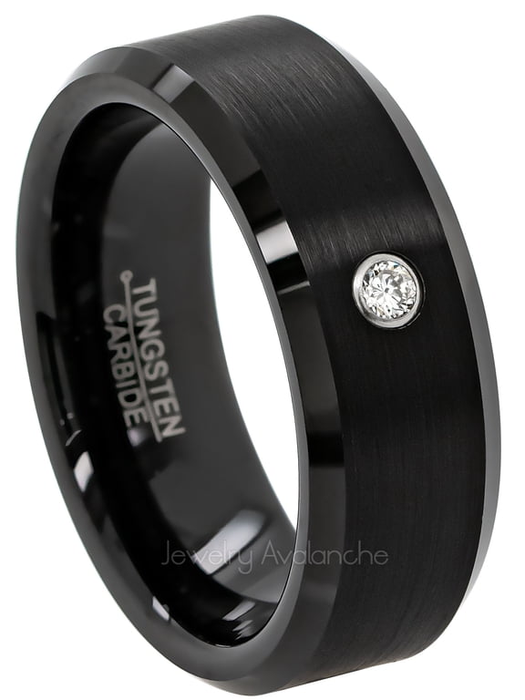 Beveled Black Tungsten Carbide Wedding Band with 0.07ctw Diamond - Brushed Comfort Fit Tungsten Anniversary Ring -#223WDs9.5