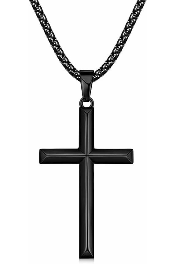 Beveled Edge Cross Necklace for Men, Silver Tone/Black/14K Gold Plated Mens Cross Necklace, 2.5MM Stainless Steel Box Chain with Pendant