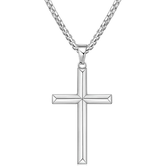 Beveled Edge Cross Necklace for Men, Silver Tone/Black/14K Gold Plated Mens Cross Necklace, 2.5MM Stainless Steel Box Chain with Pendant