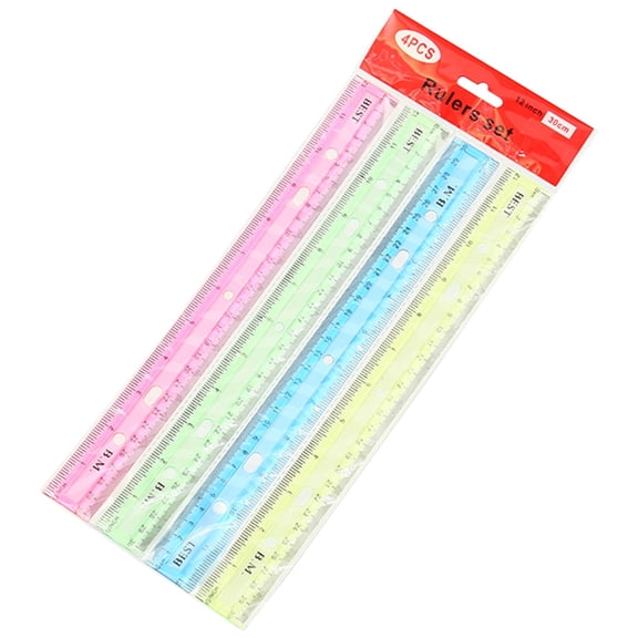 Beveled Edge Ruler, 12 In Clear Plastic Scale 4-Pack, 5-Hole Drawing Stencil Design with Dual Measuring Metrics for Academic Tests, ABS Material, bldnkj