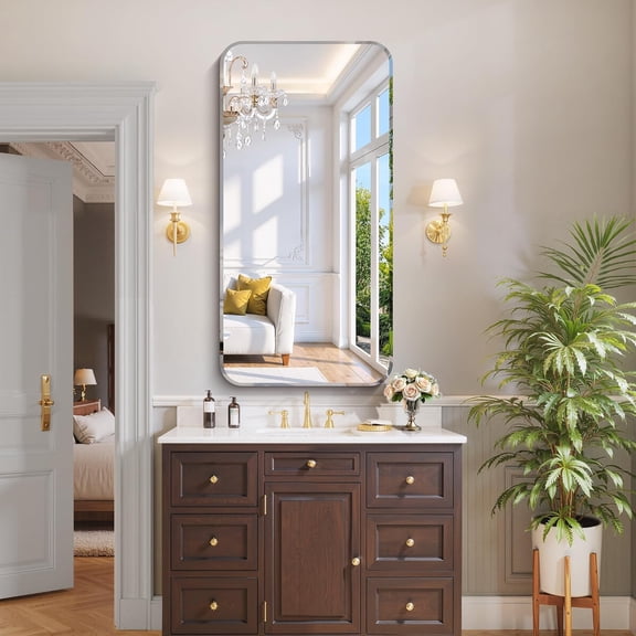 Beveled Frameless Mirror 48"L x 24"W Rounded Rectangle with Tempered Glass