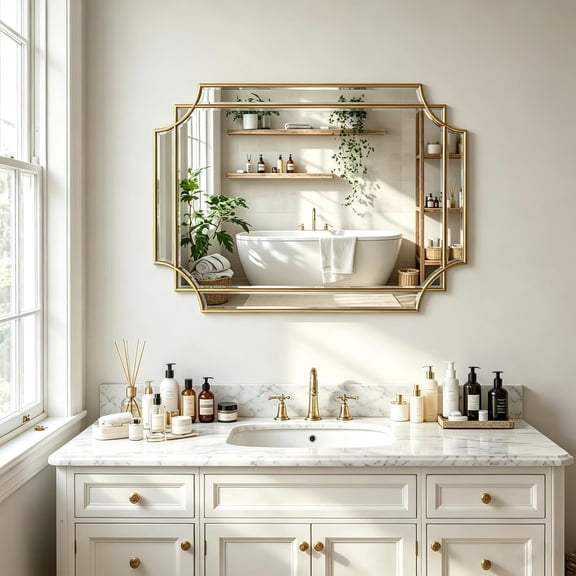 Beveled Geometric Mirror, 30"x20" Small Rectangle Bathroom Mirror with Frame, Art Deco Wall Mirrors for Entryway Hallway Living Room Bedroom, Horizontal or Vertical