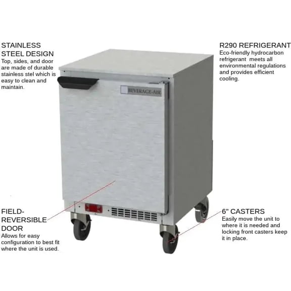Beverage Air UCR20HC 20'' 1 Section Undercounter Refrigerator with 1 Right Hinged Solid Door and Side / Rear Breathing Compressor